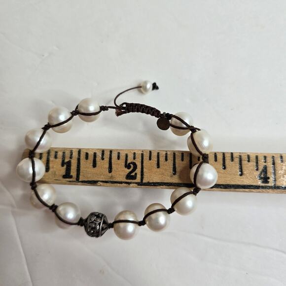 Silpada Vintage Sterling Silver & Genuine Large Pearls Brown Corded Bracelet - Picture 6 of 9